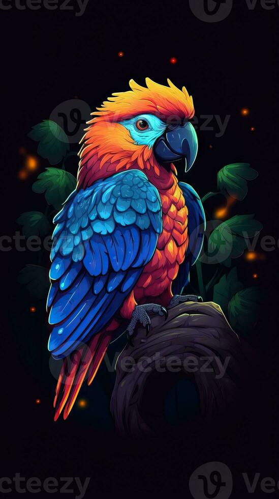 Colorful Cartoon Parrot on Dark Background AI Generated photo