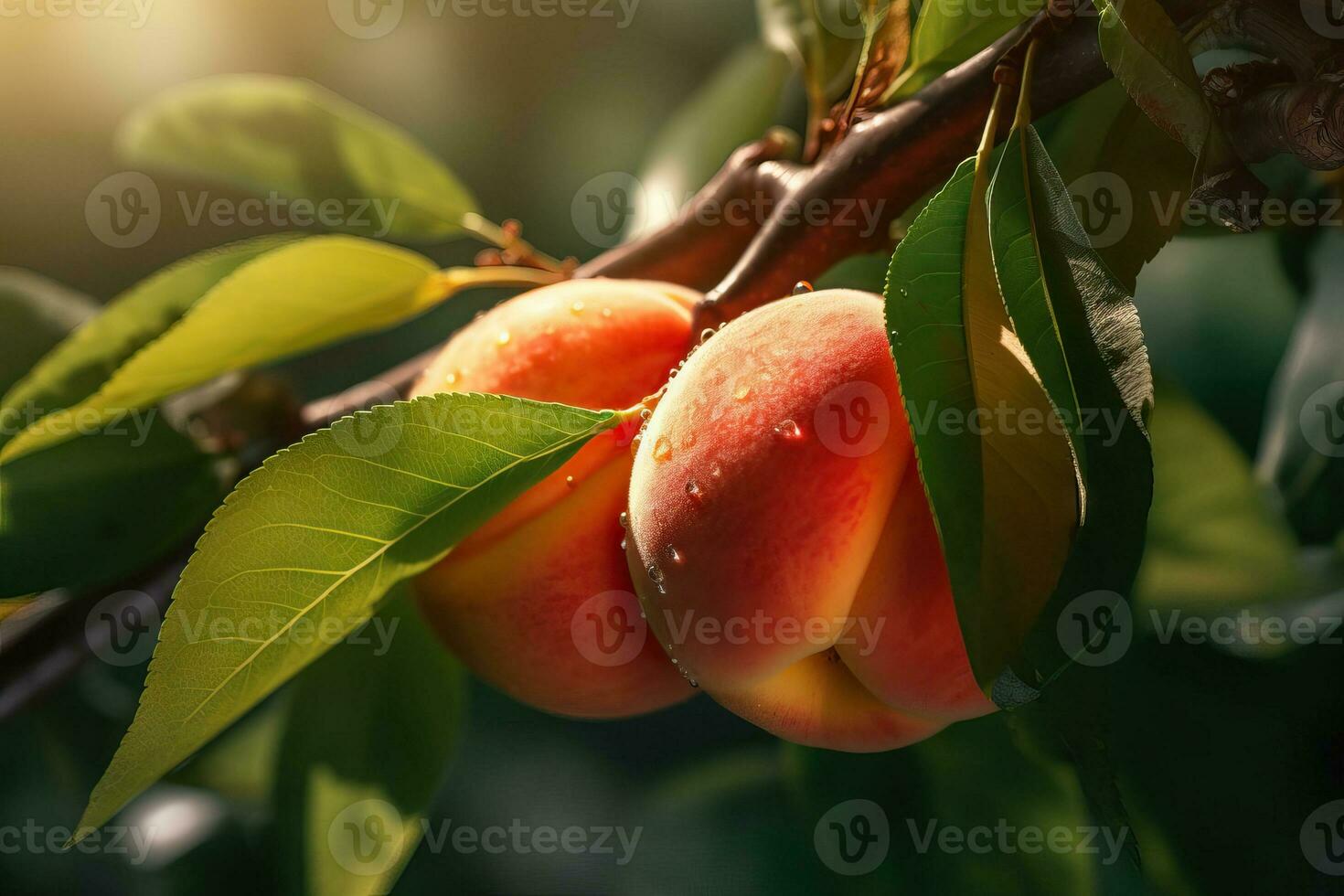 Cinematic Shot of Two Peaches on a Leafy Branch AI Generated photo