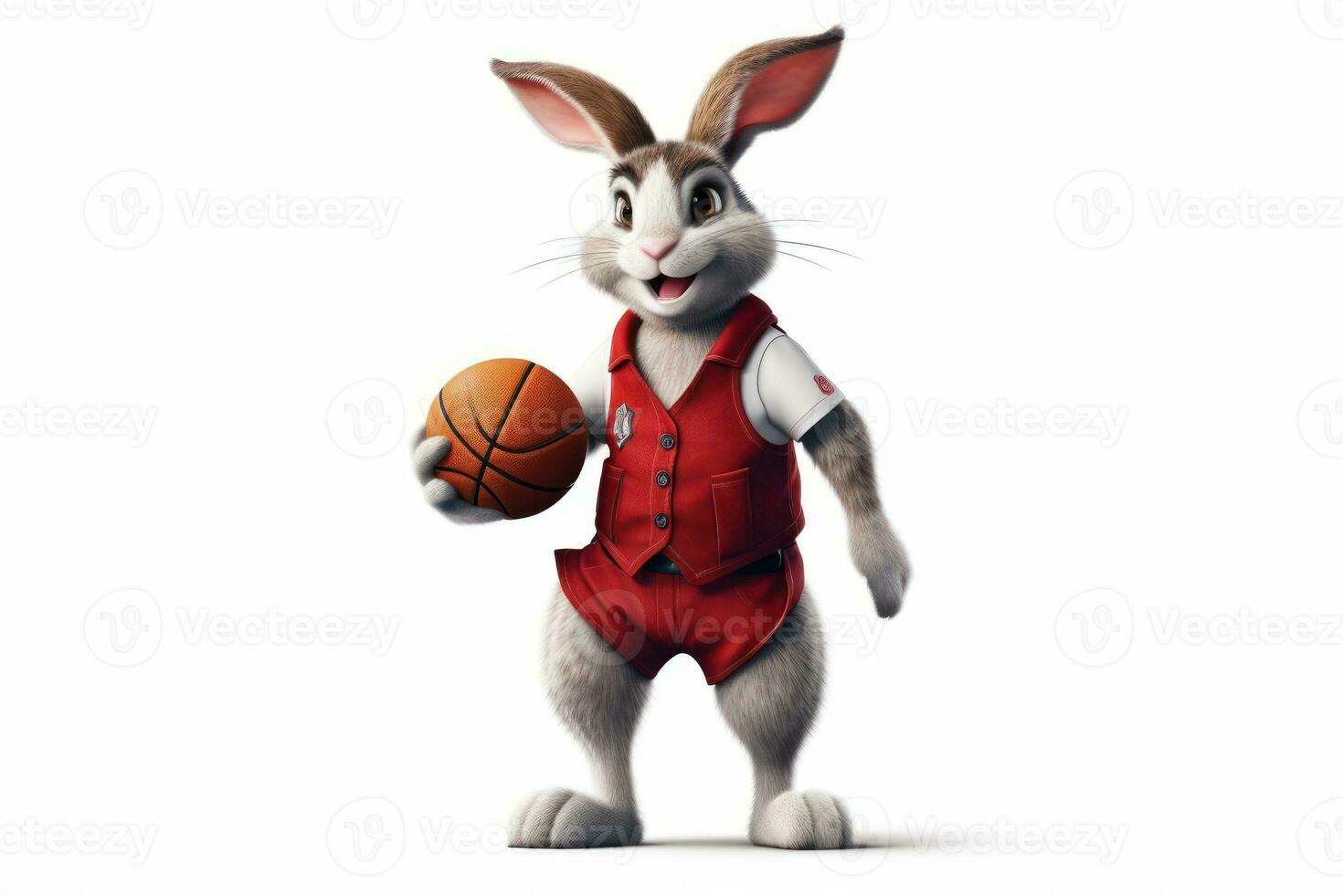 Happy White Rabbit in Basketball Uniform Posing Next to Basket photo