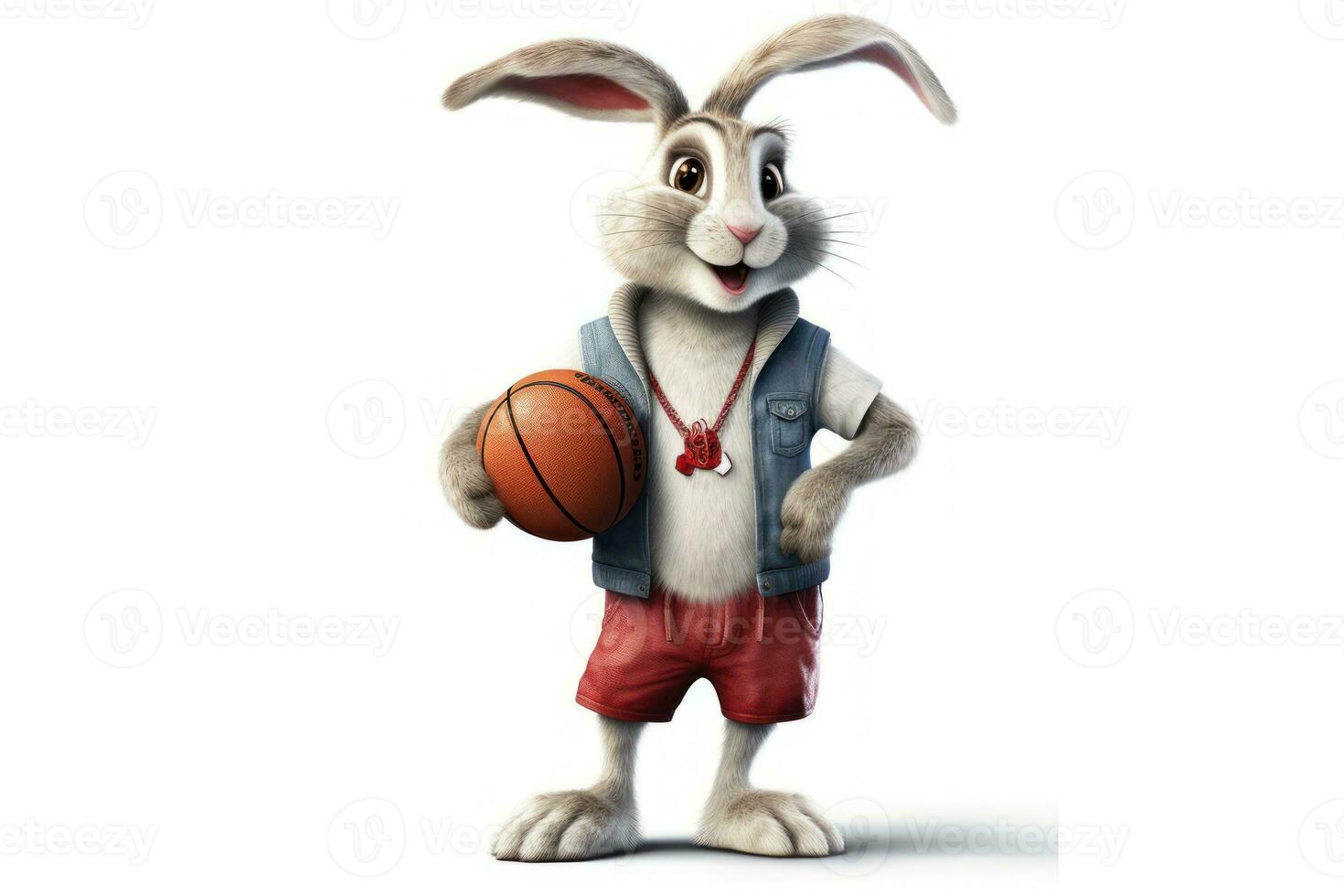 Happy White Rabbit in Basketball Uniform Posing Next to Basket photo