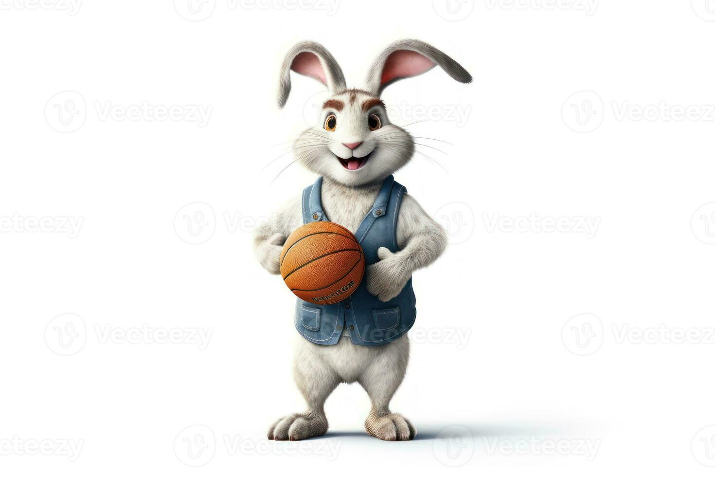Happy White Rabbit in Basketball Uniform Posing with Basketball photo