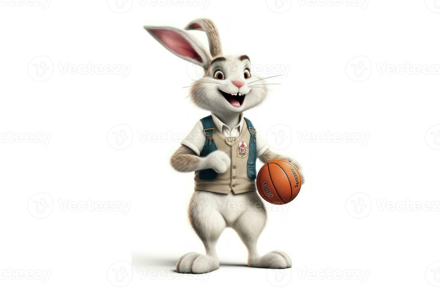 Happy White Rabbit in Basketball Uniform Posing Next to Basket photo