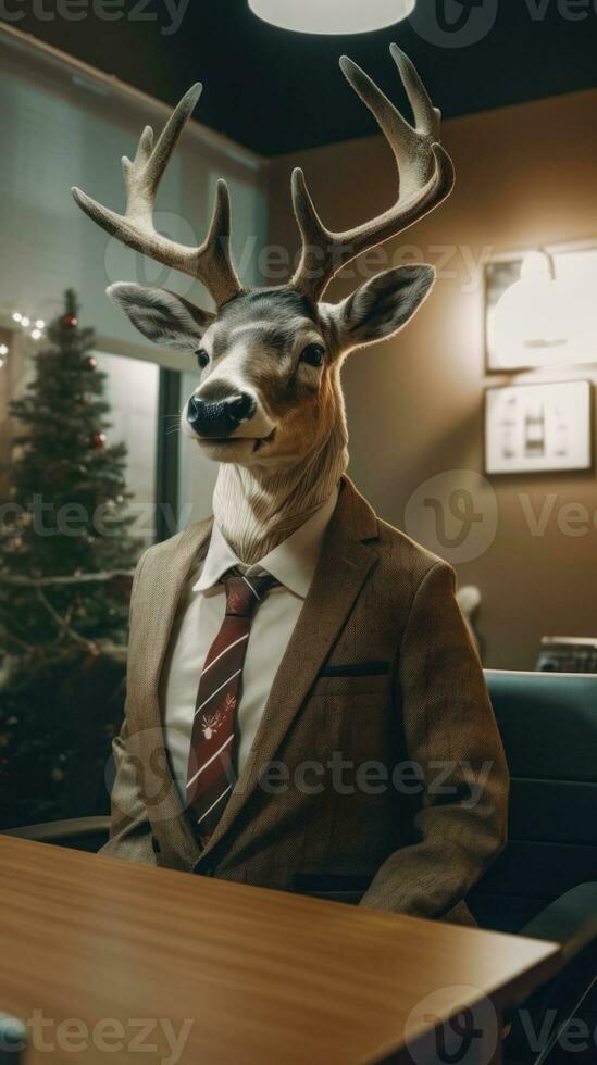 Elegant Reindeer in Business Attire in a WinterThemed Office AI Generated photo