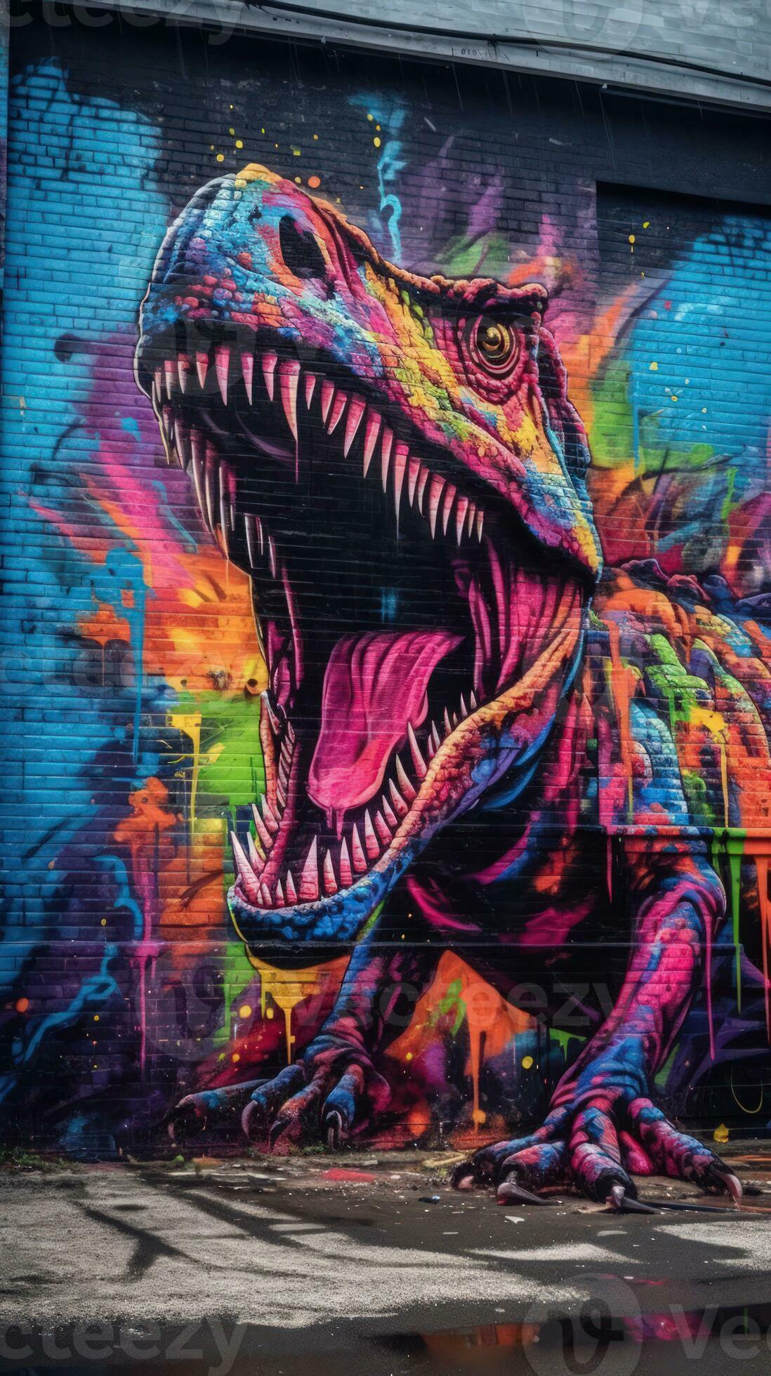 Vibrant Graffiti Artwork of a TRex Against a Dark Urban Wall