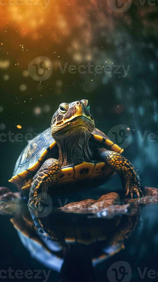 Realistic Turtle on Dark Background Generative AI photo