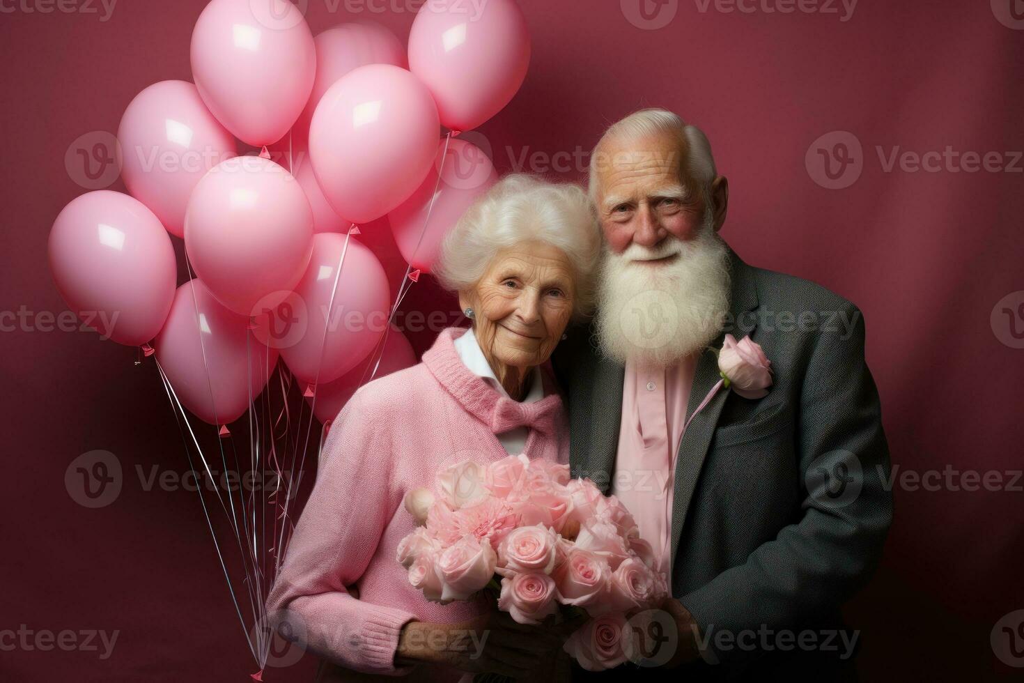 dos mayor hombres vestido en rosado ropa participación en forma de corazon globos ai generado foto