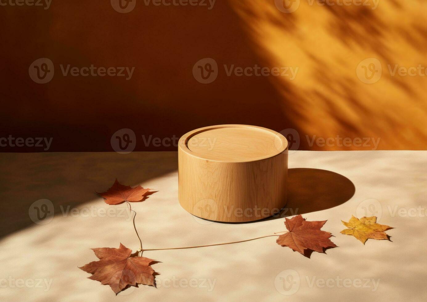 Wooden Box with Fall Leaves on Table AI Generated photo