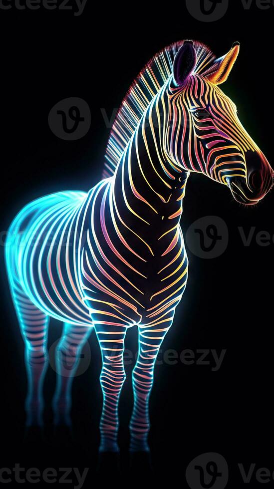 Neon Zebra on Dark Background AI Generated photo
