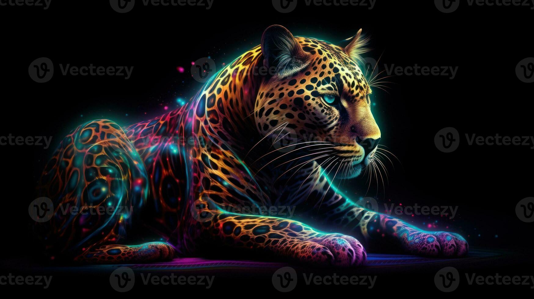 Meditating Jaguar in Trippy Outer Space with Neon Fractals Generative AI photo