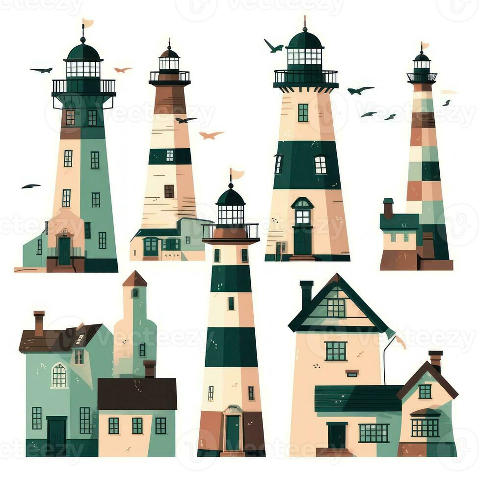 Simplified Lighthouses in Storybook Style A Flat Brushwork Illustration Generative AI photo