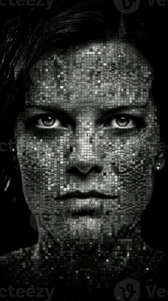 Pixelated Mosaic of a Womans Face in Dark Black and White Environment Generative AI photo