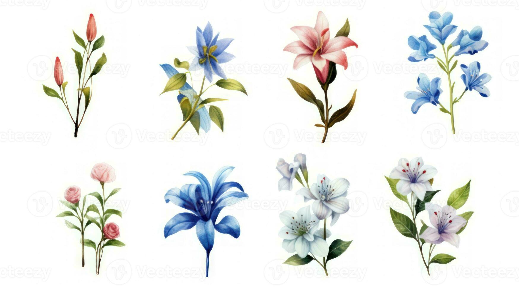 Azerbaijan Flowers Watercolor Collection on Clean White Background Generative AI photo
