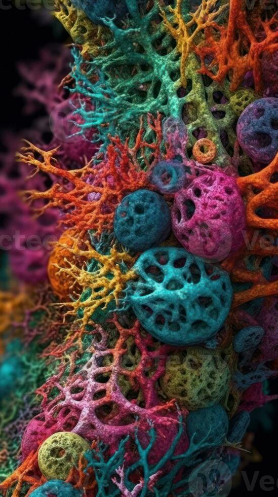 Vivid Colors of Cell Signaling Pathways Revealed in Highly Detailed Electron Microscope View Generative AI photo