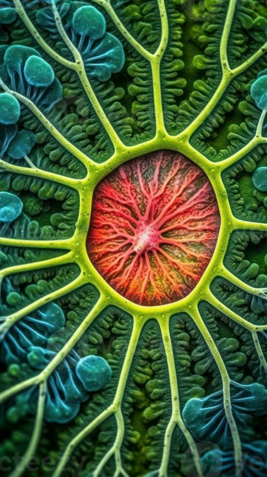 dentro un planta célula un vívido ver de cloroplastos debajo un electrón microscopio generativo ai foto