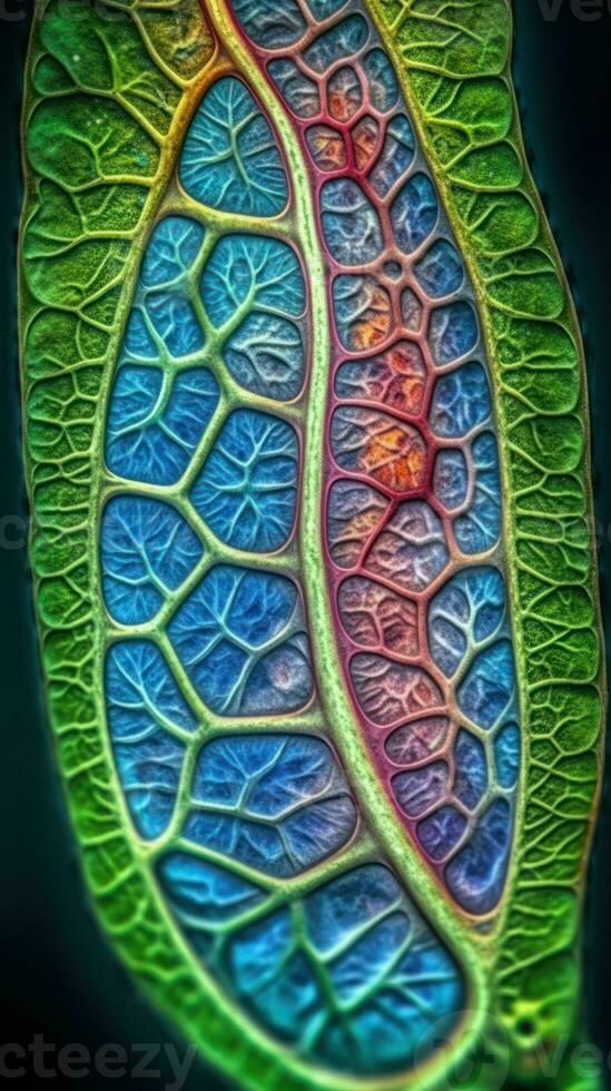 dentro un planta célula un vívido ver de cloroplastos debajo un electrón microscopio generativo ai foto