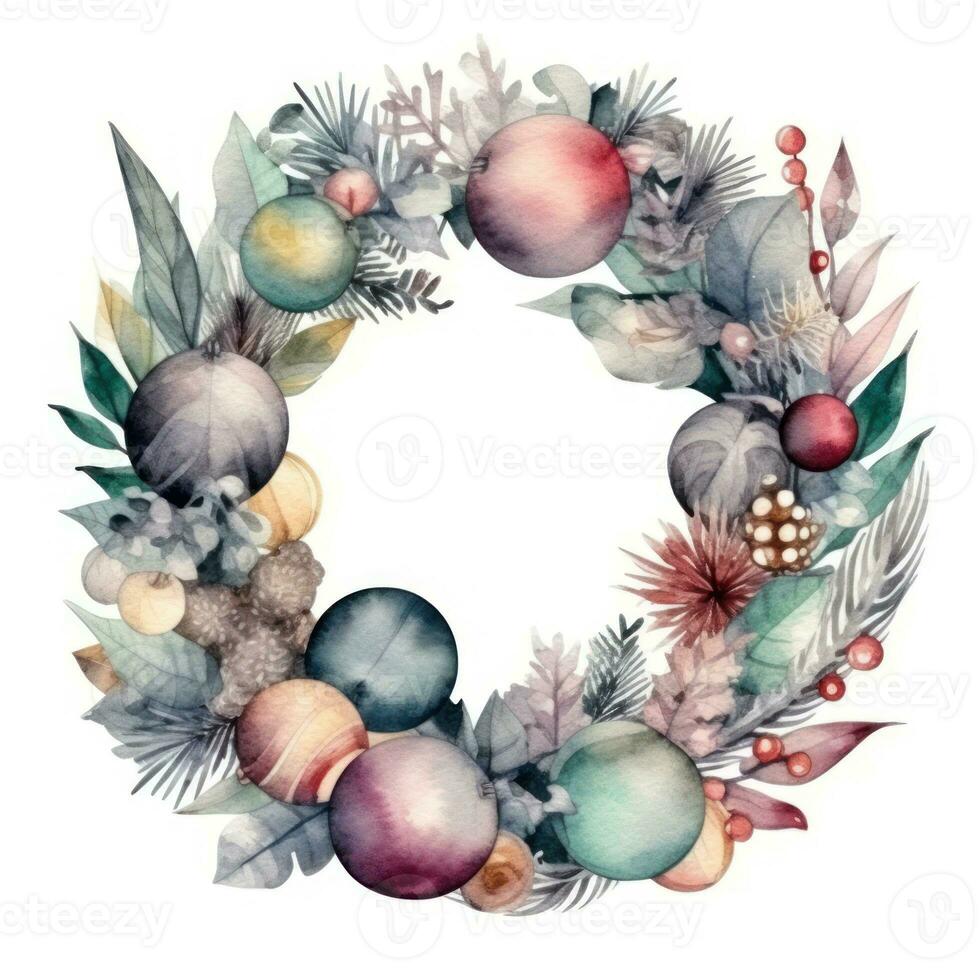 Festive Christmas Wreath with Baubles and Spruce in Watercolor Style on a Plain Background Generative AI photo