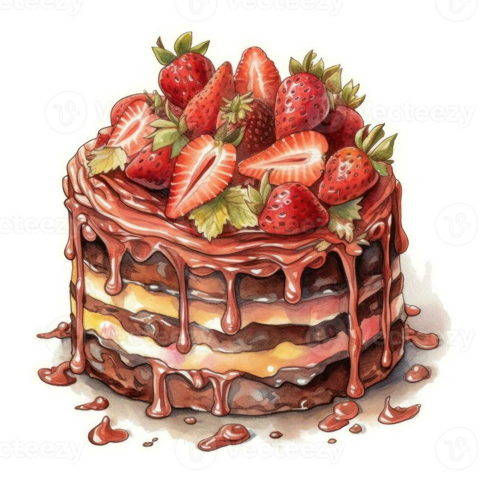 Decadent Chocolate Cake with Fresh Strawberries Watercolor Illustration Generative AI photo