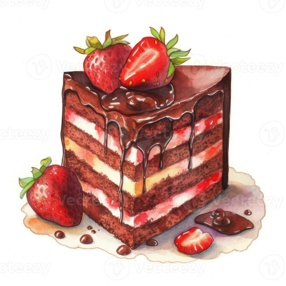 Decadent Chocolate Cake Slice Watercolor Illustration Generative AI photo