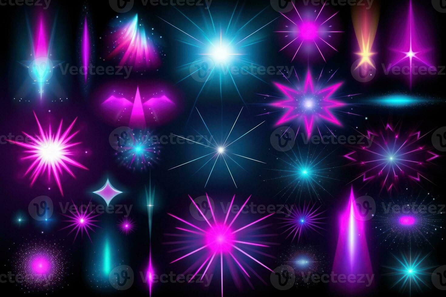 Glowing Starburst Effects in Pink Purple and Blue Perfect for Backgrounds and Overlays Generative AI photo