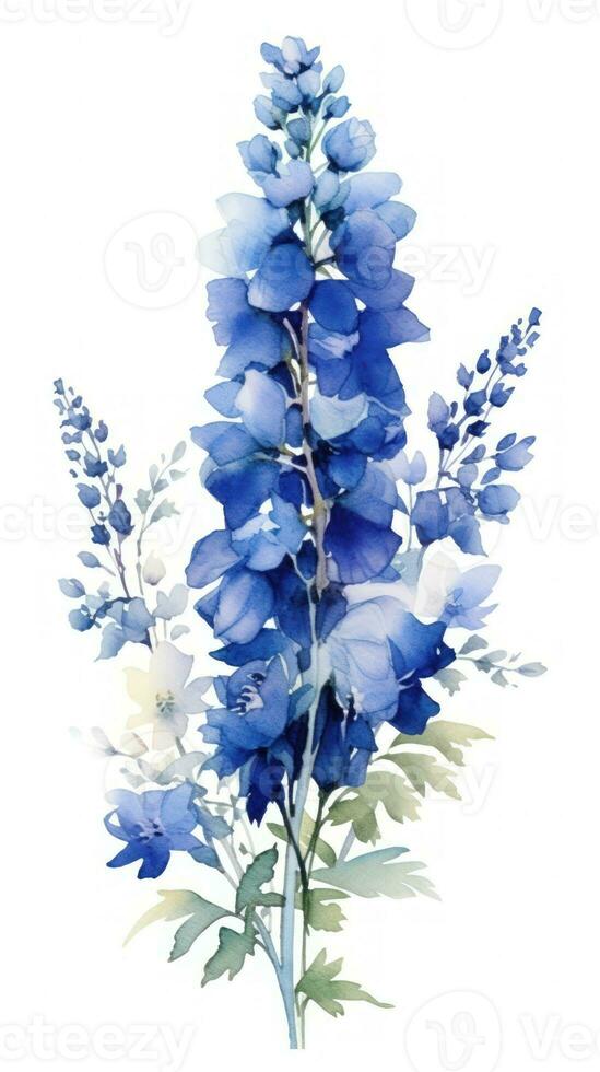 Modern Style Delphinium Cluster on Rich Blue and White Background Generative AI photo