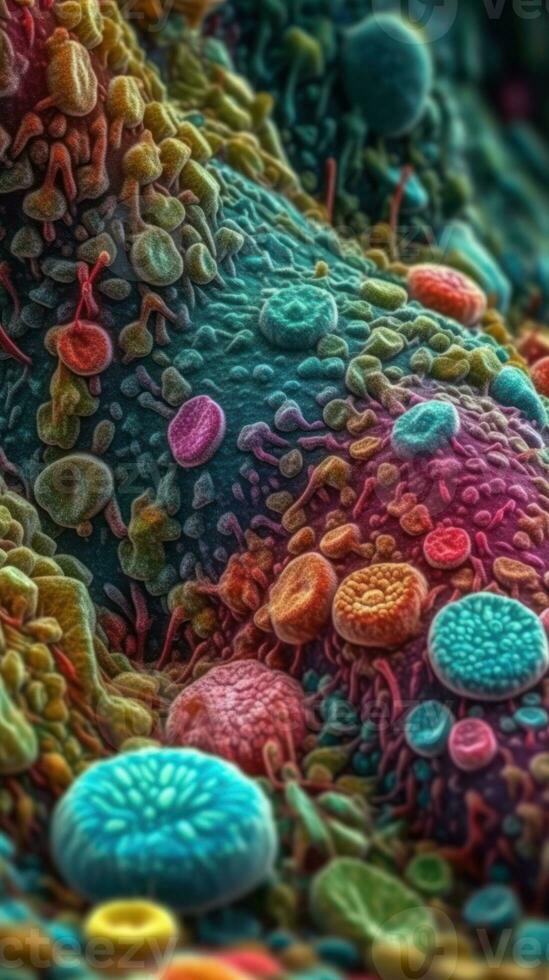 Vivid Colors of Microscopic Bacteria Viewed Through an Electron Microscope Generative AI photo