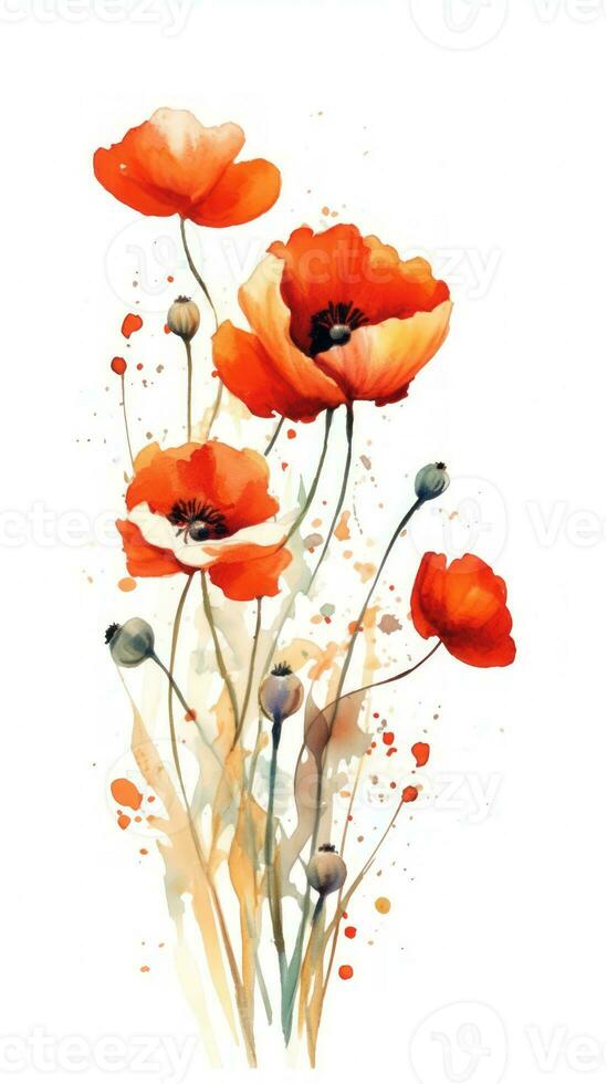 Fiery Red Poppy Bunch in Modern Watercolor Style on White Background Generative AI photo