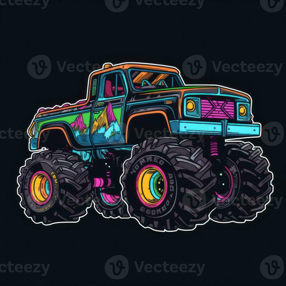 Colorful Monster Truck Sticker Graphic with White Border Outline photo