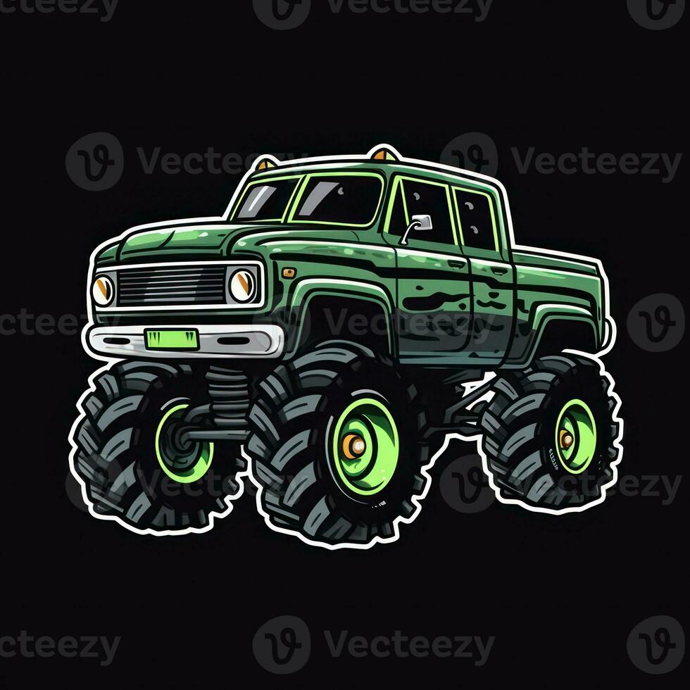 Green Monster Truck Sticker Graphic with White Border Outline and Black Background Generative AI photo