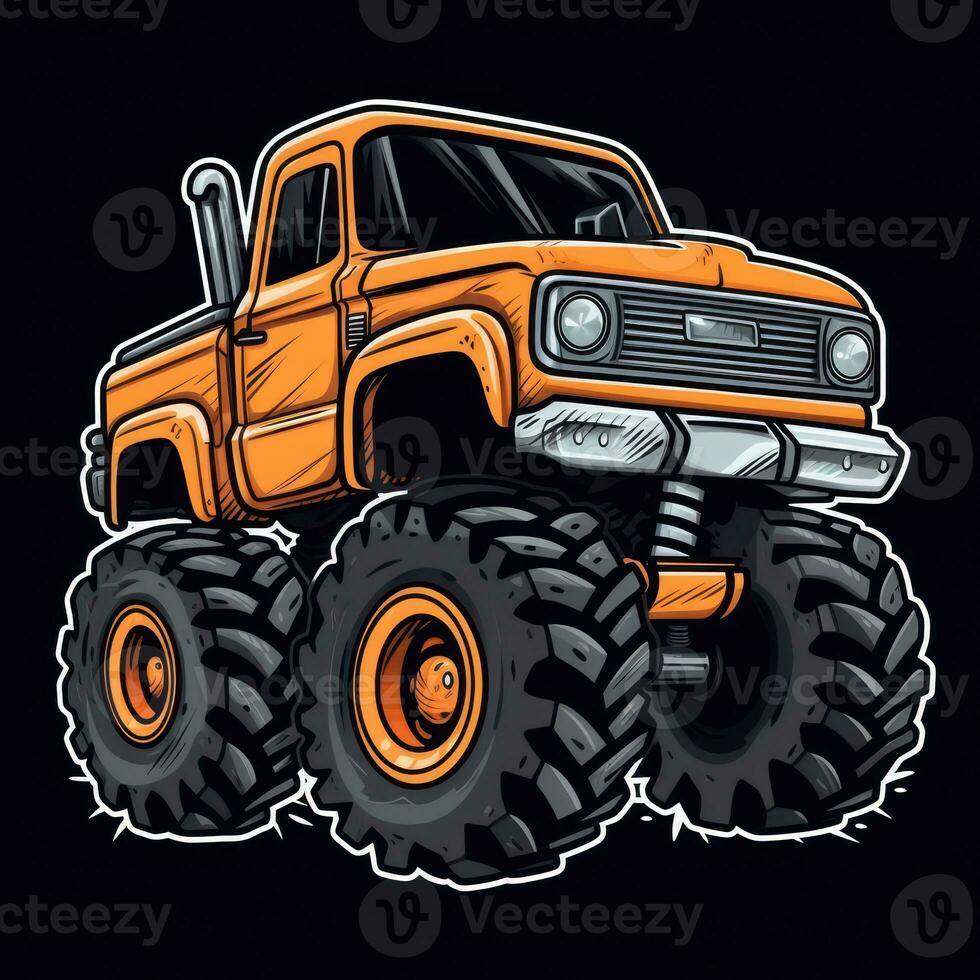 Orange Monster Truck Sticker Graphic with White Border and Black Outline photo