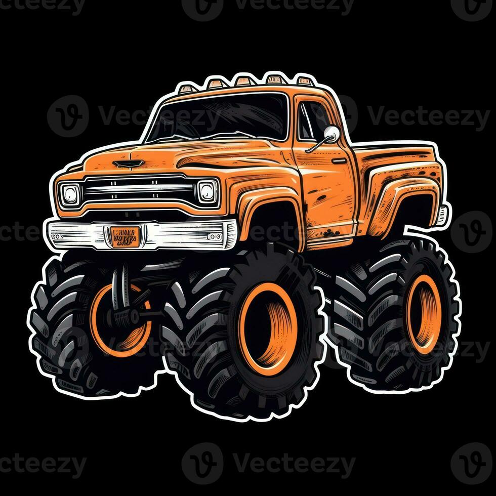 Orange Monster Truck Sticker Graphic with White Border and Black Outline photo