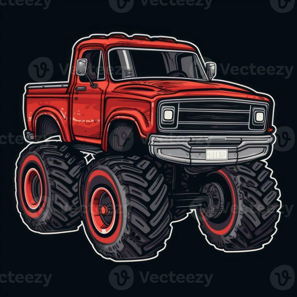 Red Monster Truck Sticker Graphic with White Border Outline on Black Background Generative AI photo