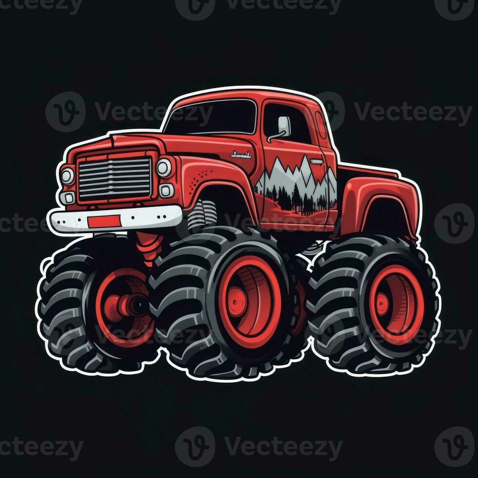 Red Monster Truck Sticker Graphic with White Border Outline and Black Background Generative AI photo