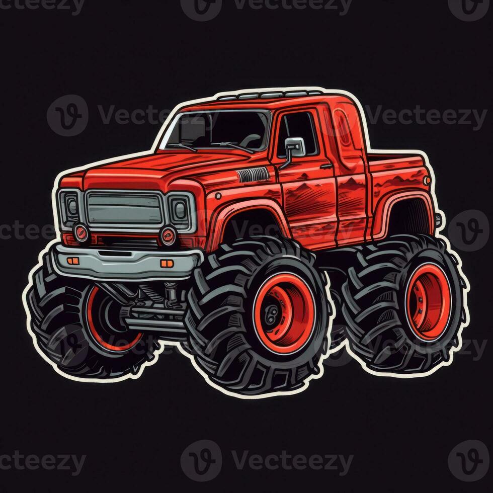 Red Monster Truck Sticker Graphic with White Border Outline and Black Background Generative AI photo