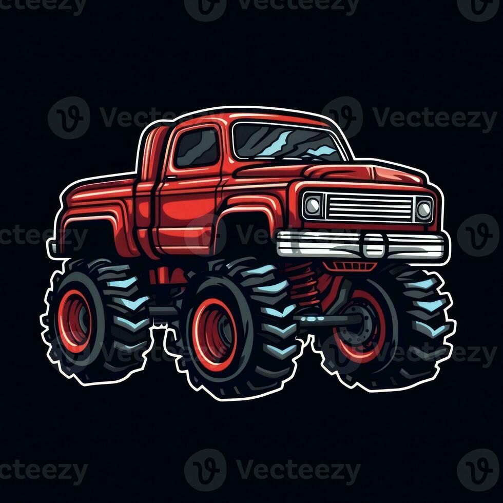 Red Monster Truck Sticker Graphic with White Border Outline on Black Background Generative AI photo