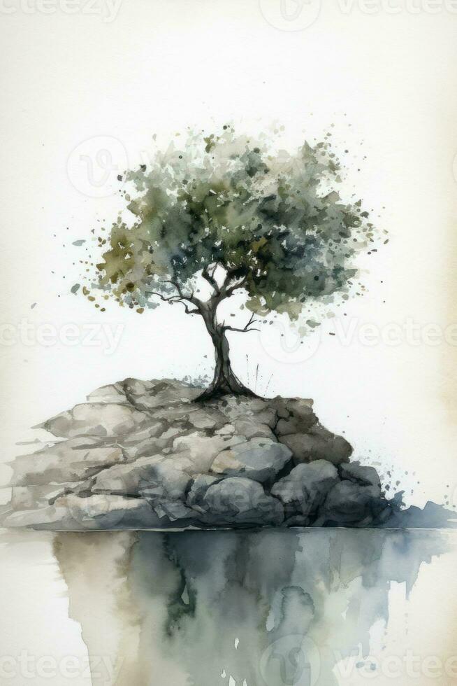 Lonely Olive Tree on Rocky Beach A Minimalistic Watercolor Painting Generative AI photo