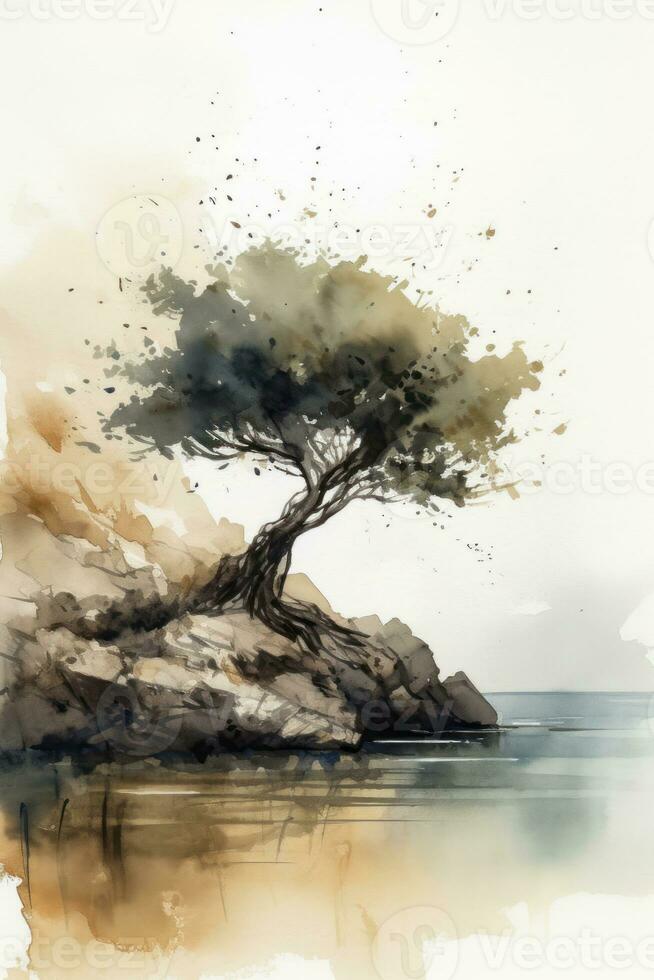 Lonely Olive Tree on Rocky Beach A Minimalistic Watercolor Painting Generative AI photo