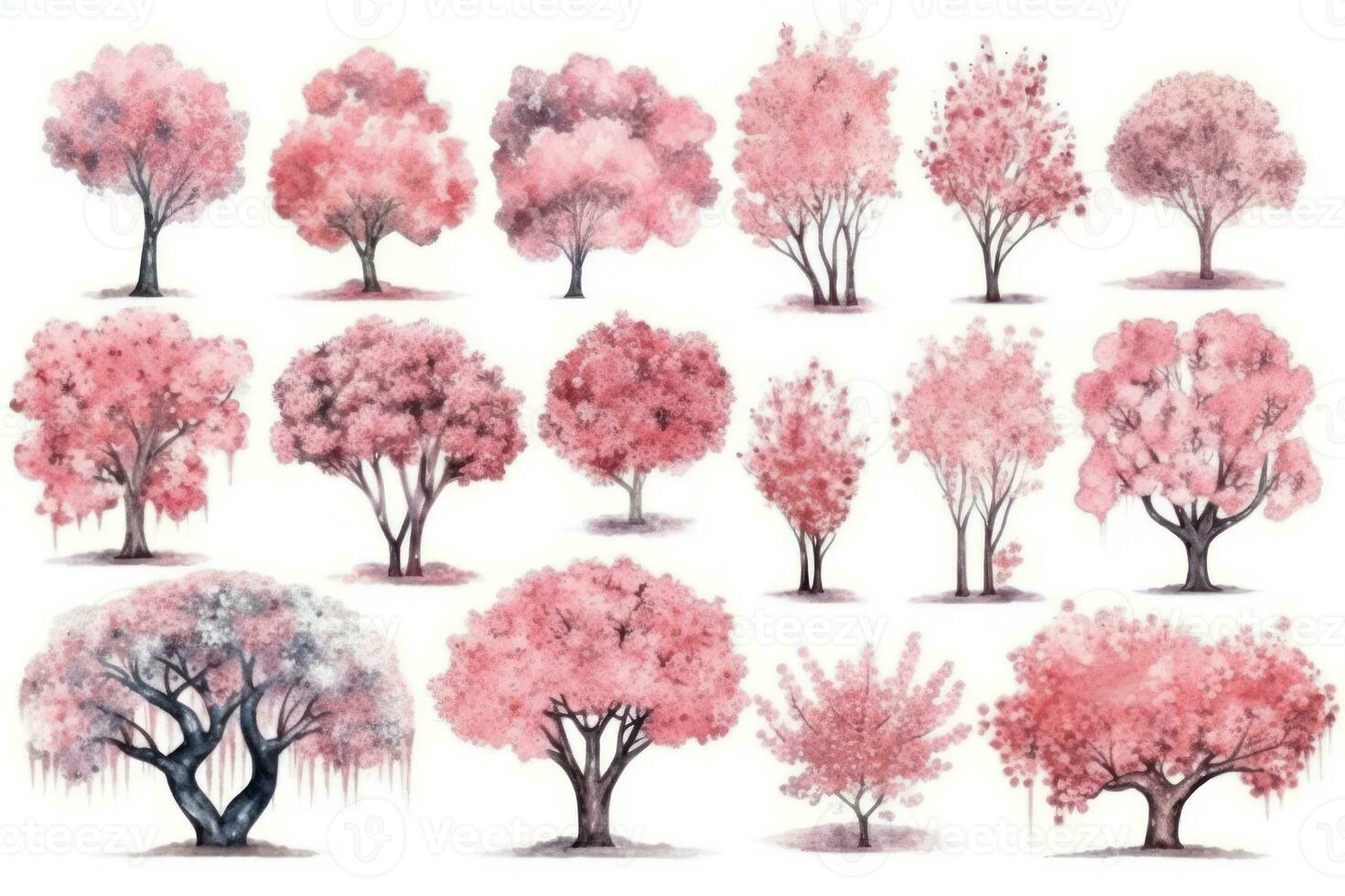 Cherry Blossom Trees Watercolor Collection HandDrawn Set for Spring Designs Generative AI photo