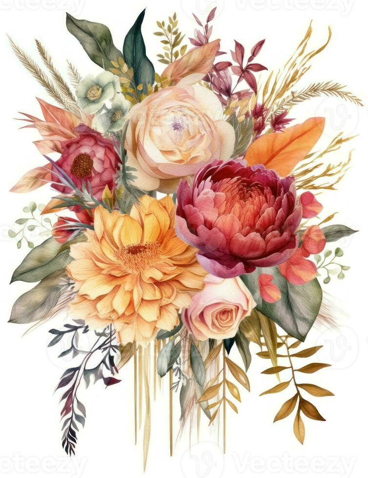 Vibrant Watercolor Illustration of an Elegant Boho Wedding Bouquet photo