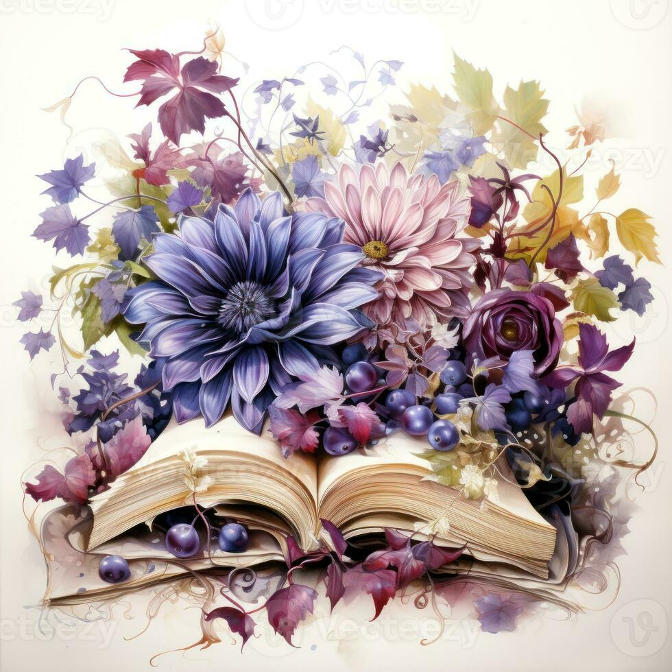 Open Book Surrounded by Gothic Flowers Watercolor Clipart AI Generated photo