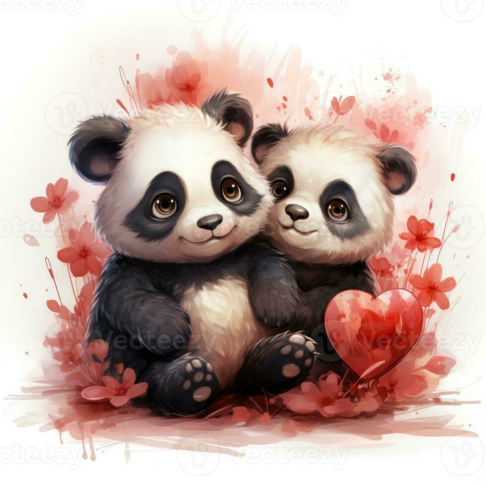 Cute Fluffy Pandas in Love  Disney Style Clipart on White Background AI Generated photo