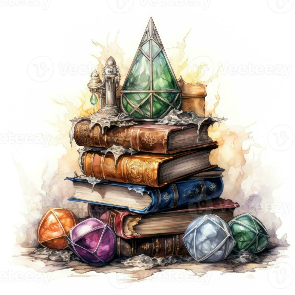 Stacked Books Surrounded by Magical Items  Watercolor Clipart AI Generated photo