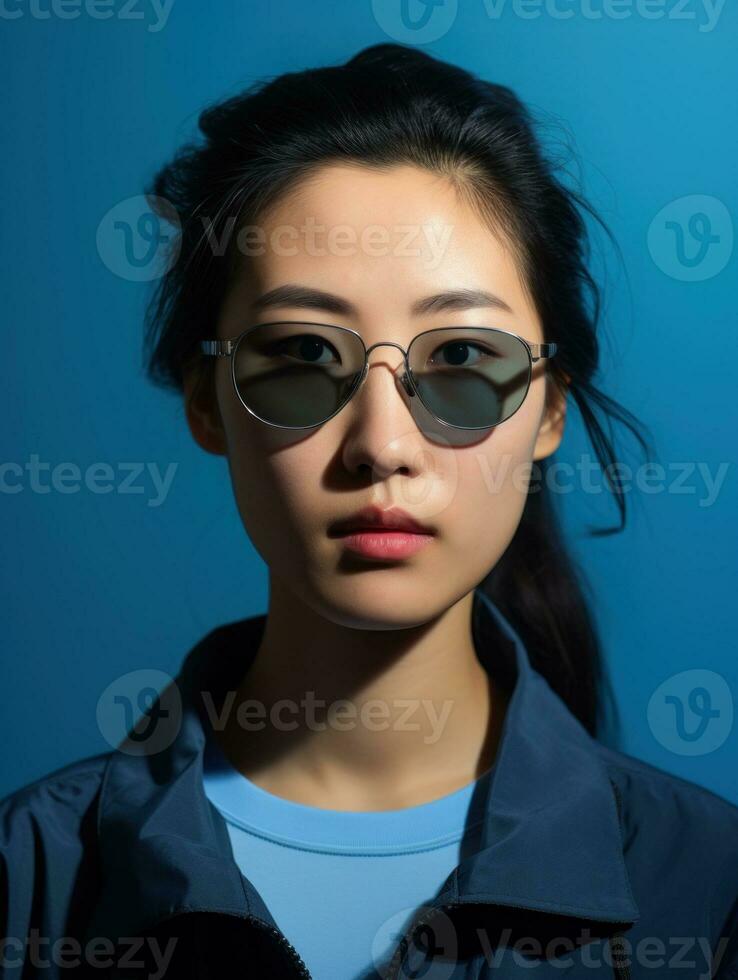 Portrait of a Chinese Person with Strong Contrast between Light and Shadow AI Generated photo