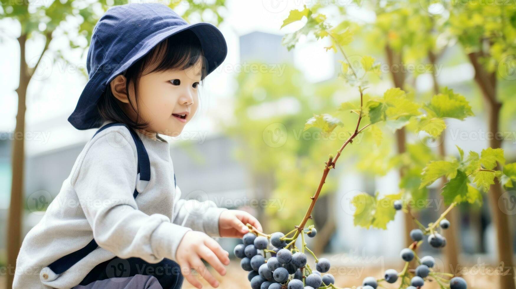 Japanese Boy Picking Autumn Fruits AI Generated photo