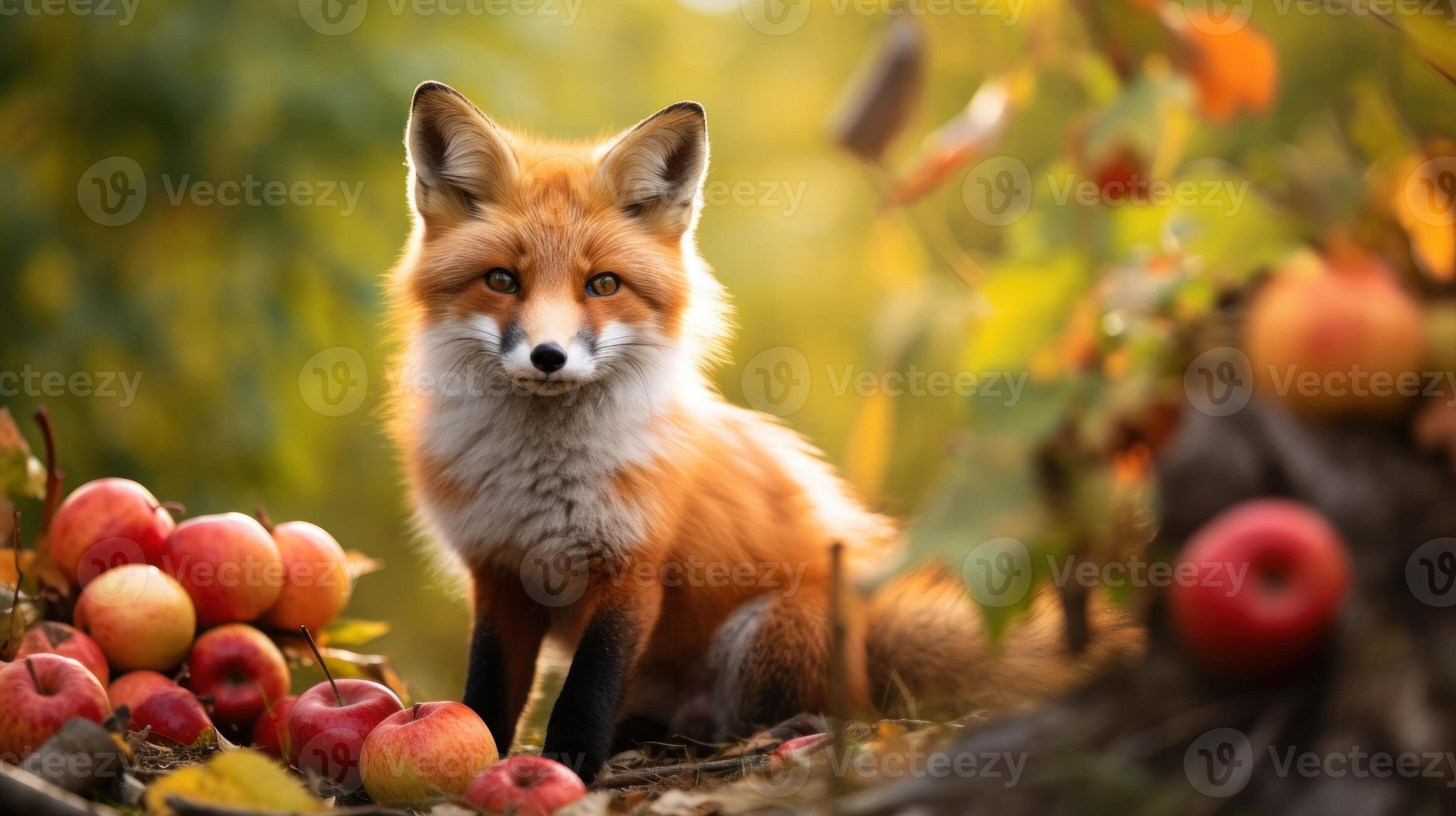 Autumn Fox Enjoying a Harvest of Apples on a Mild Autumn Day AI