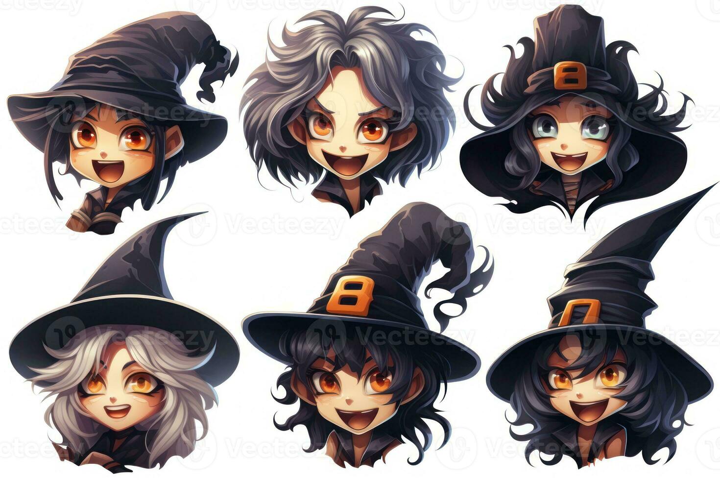 Spooky Halloween Stickers of Cackling Witches on White Background AI Generated photo