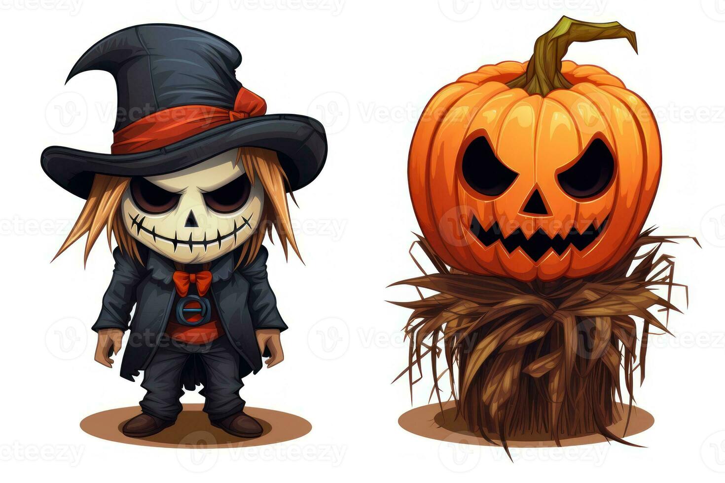 Spooky Halloween Stickers with Scarecrows on White Background AI Generated photo