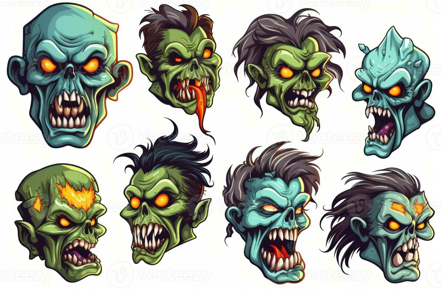 Spooky Halloween Stickers with Wicked Zombies on White Background AI Generated photo