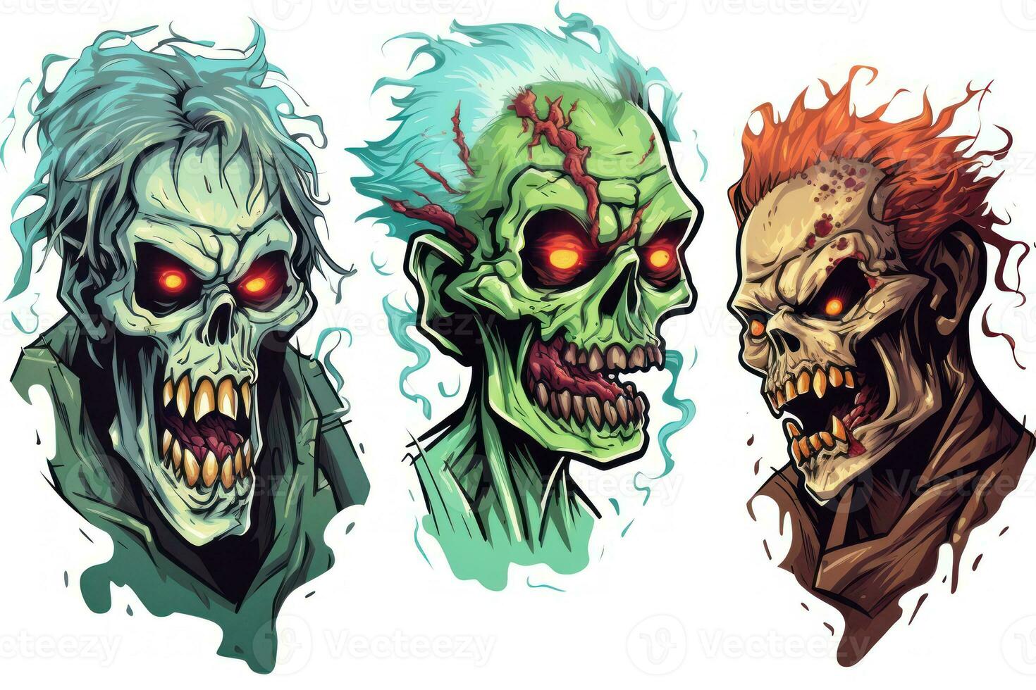 Spooky Halloween Stickers with Wicked Zombies on White Background AI Generated photo