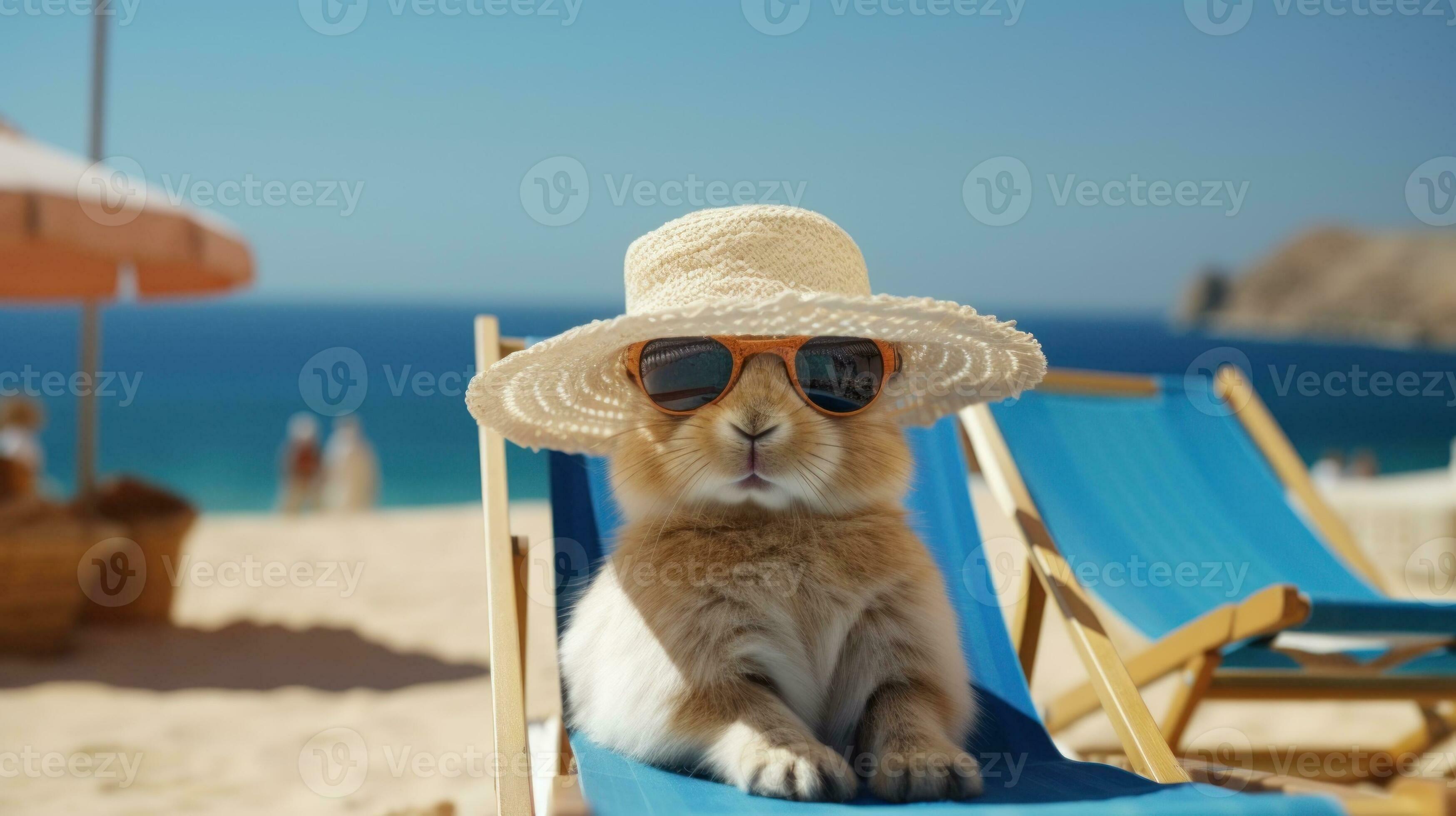 Adorable Baby Rabbit Sunbathing on a Seaside Sun Lounger AI Generated