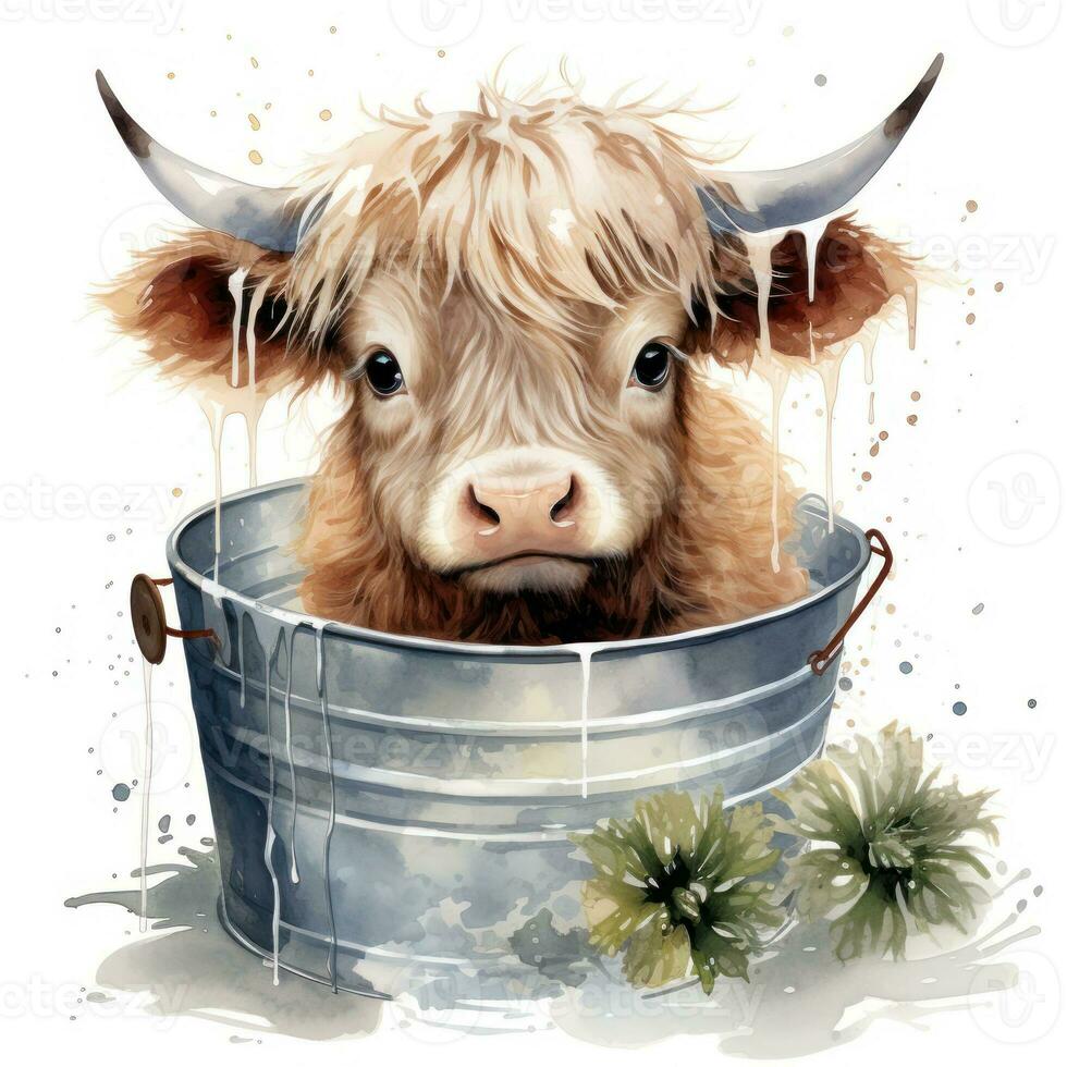 Adorable Baby Highland Cow Sitting in a Metal Bathtub with Balloons